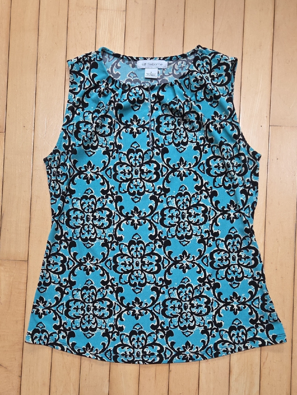 Liz Claiborne Turquoise Black Sleeveless Patterned Top
